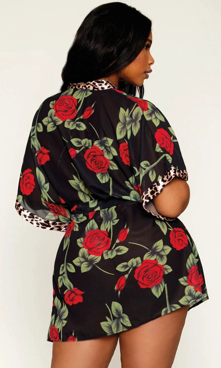 Rose Print Chiffon Robe with Leopard Print Satin Teddy Set by Dreamgirl