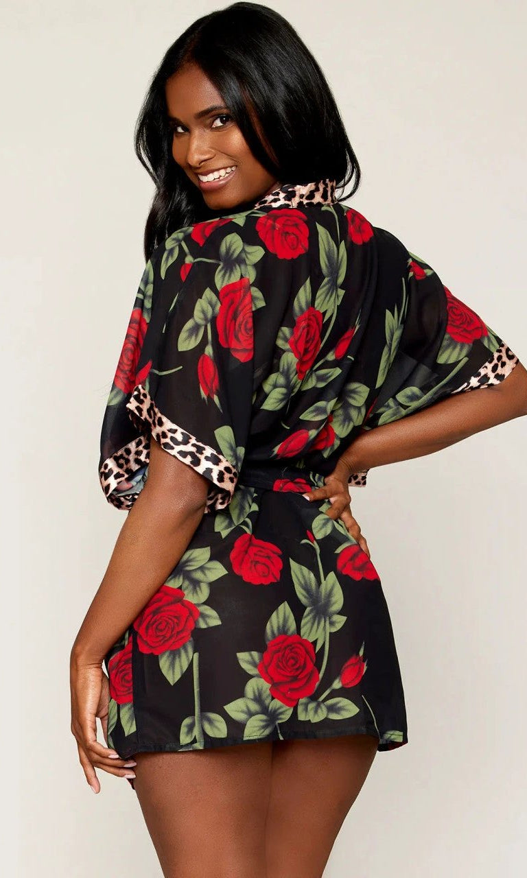 Rose Print Chiffon Robe with Leopard Print Satin Teddy Set by Dreamgirl