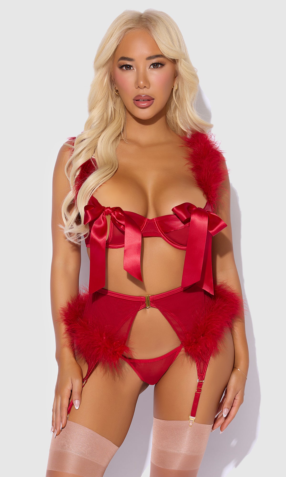 Marilyn Feather & Mesh Openable Bra, Garter & G-String Set by House of Desire