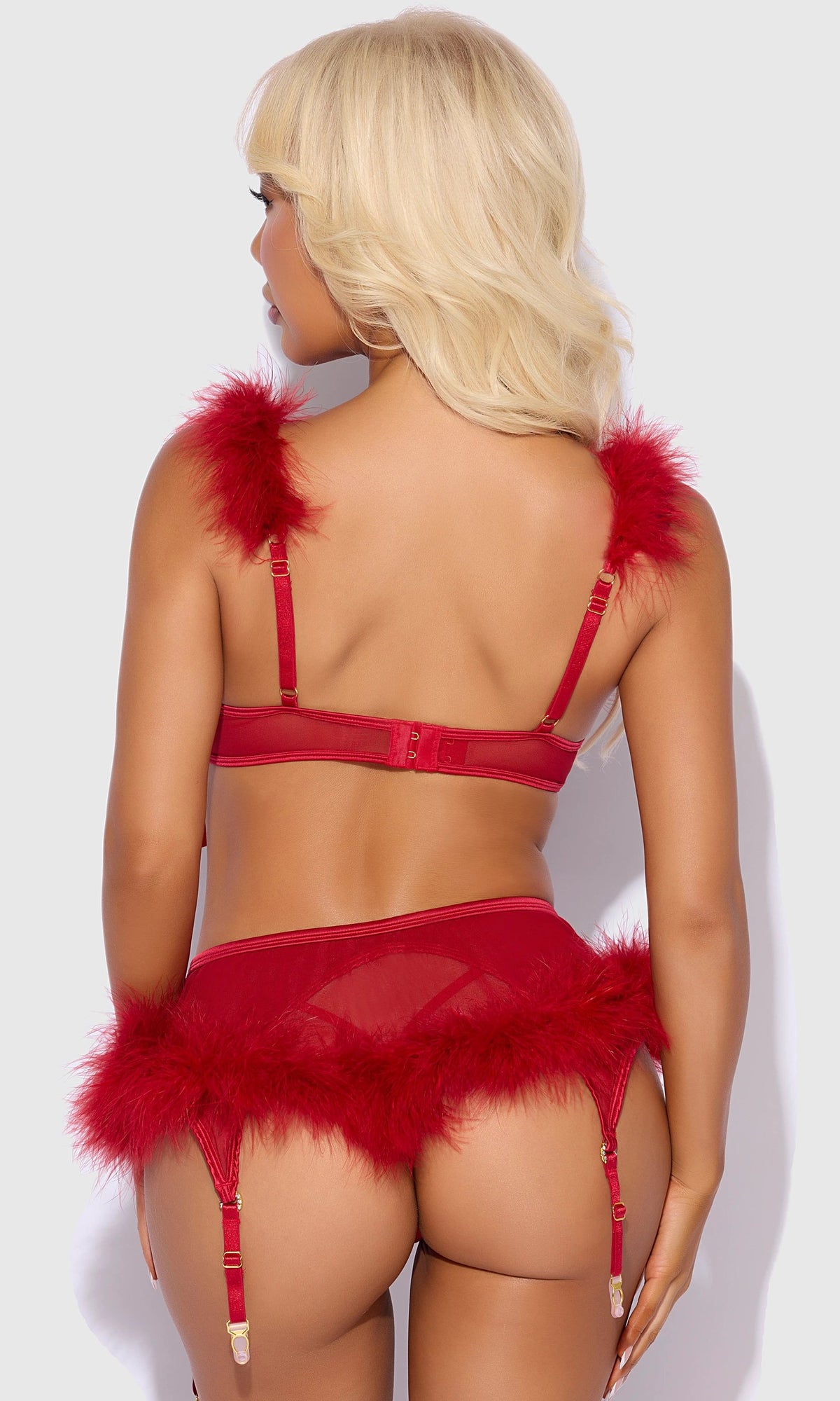 Marilyn Feather & Mesh Openable Bra, Garter & G-String Set by House of Desire