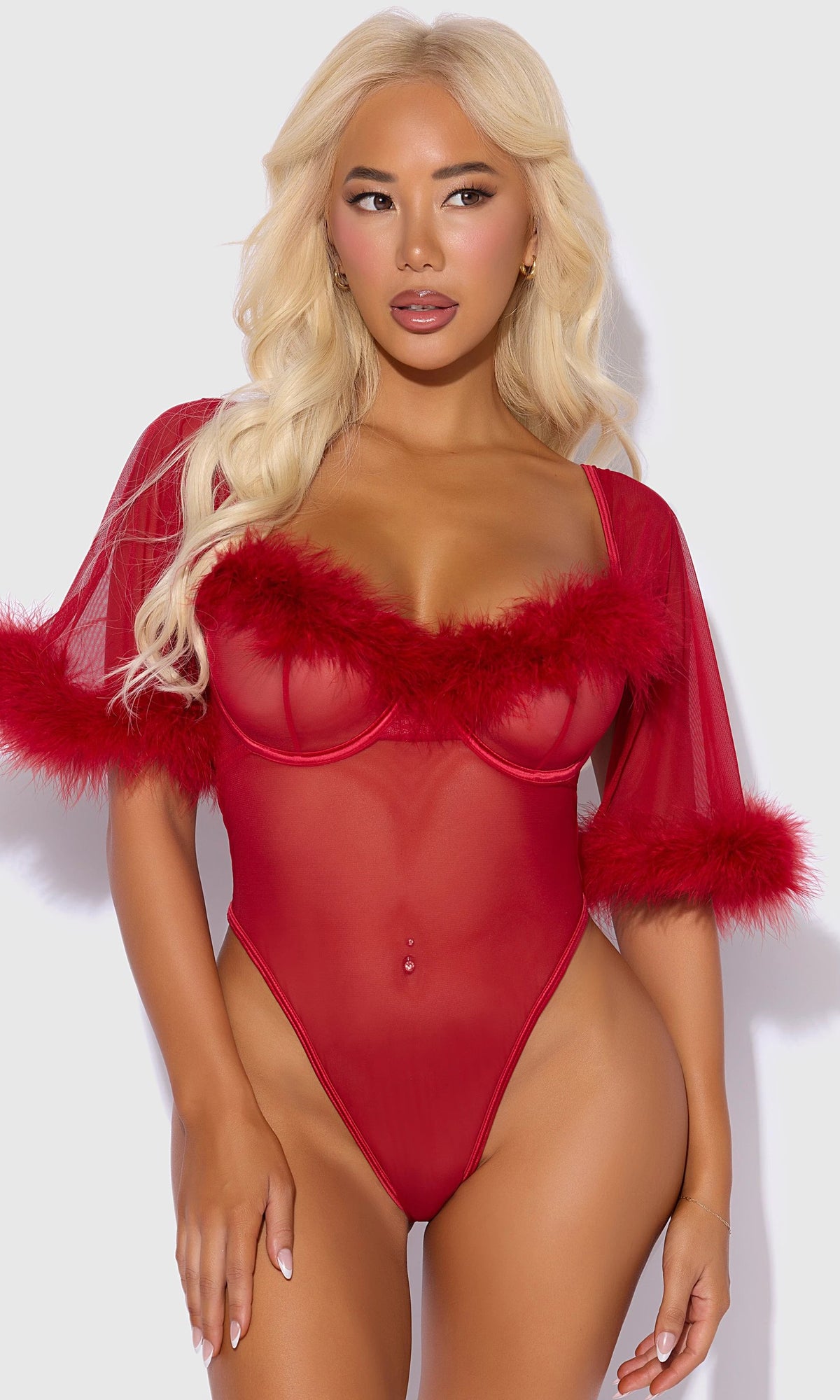 Marilyn Feather & Mesh Bell-Sleeved Bodysuit by House of Desire