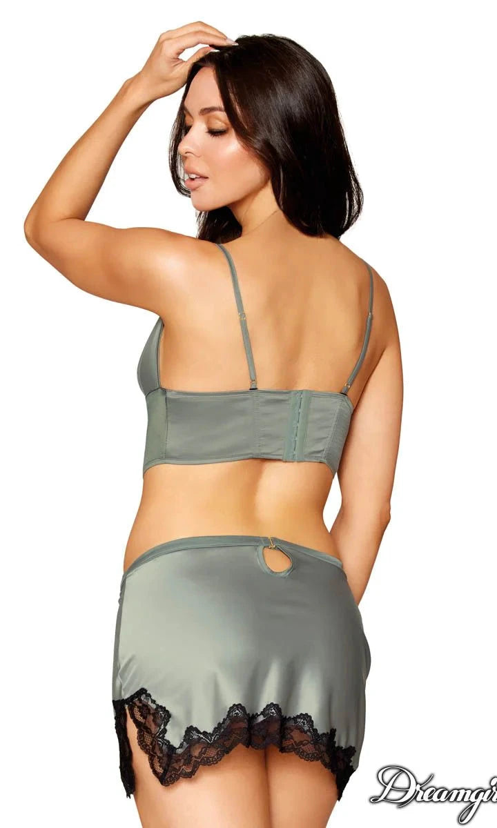 Stretch Satin Bustier & Mini Skirt Set with Stretch Lace Trim by Dreamgirl