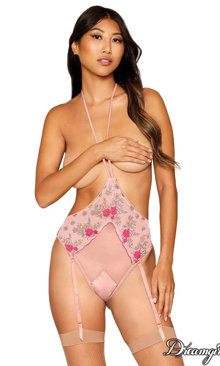 Vintage Rose Embroidery Bra & Open Cup Teddy Set by Dreamgirl