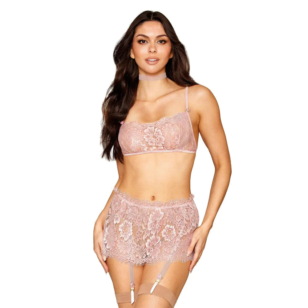Eyelash Lace Bralette, Garter Skirt, & Choker Set with Satin Rosettes & Fishnet Elastic Trim by Dreamgirl