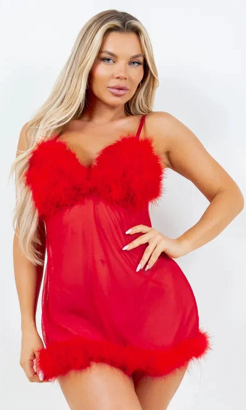 Fur Trimmed Mesh Babydoll by Just Sexy Lingerie