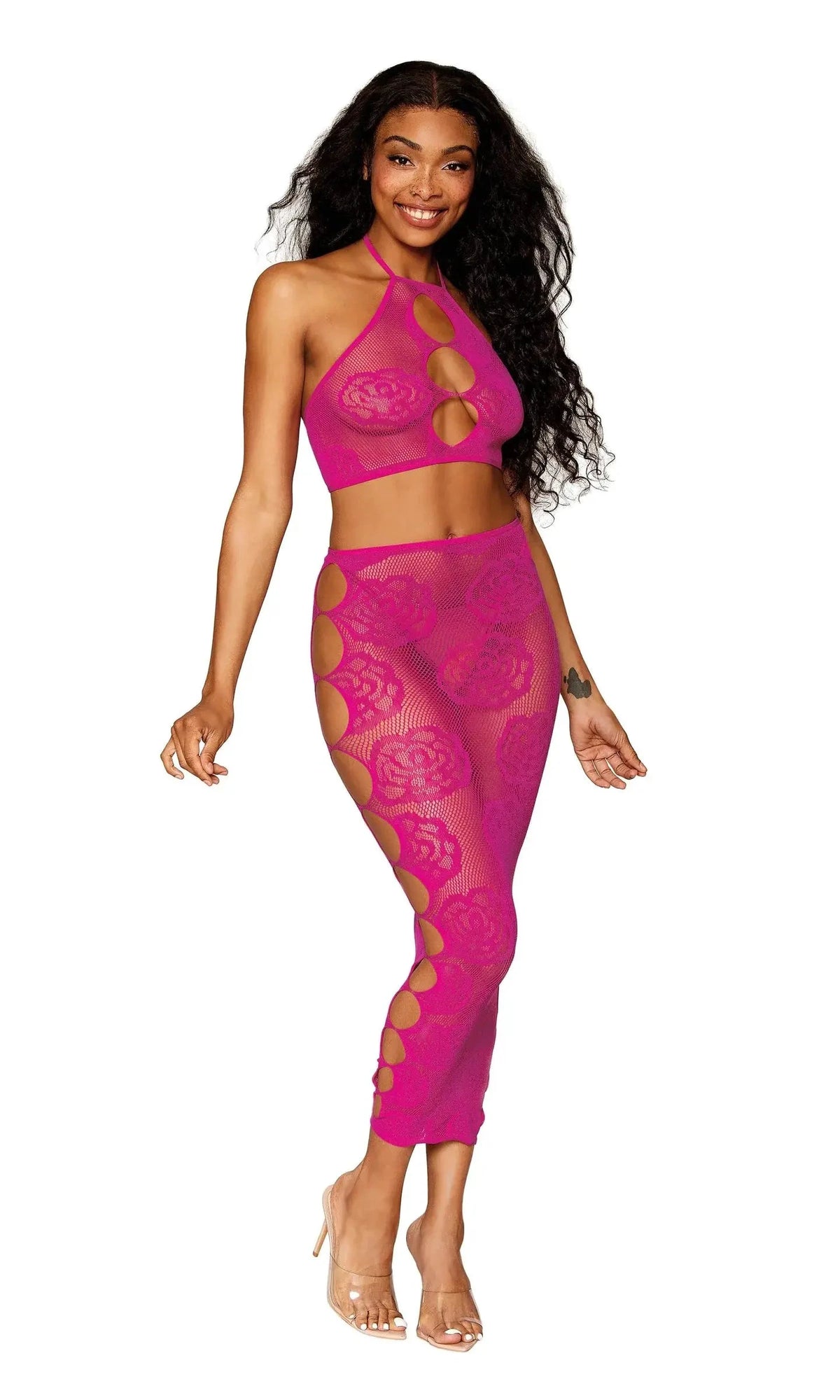 Seamless Bodystocking with Knitted Large Rose & Fishnet Pattern by Dreamgirl