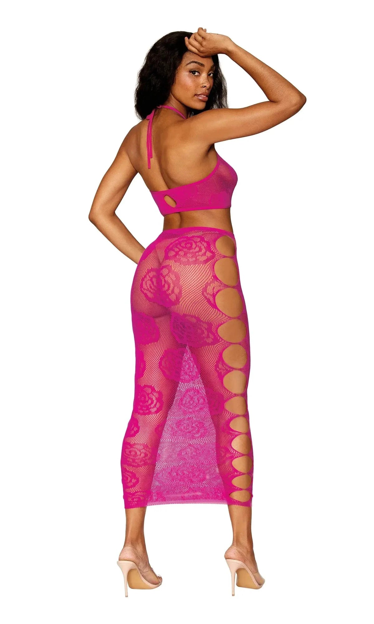 Seamless Bodystocking with Knitted Large Rose & Fishnet Pattern by Dreamgirl