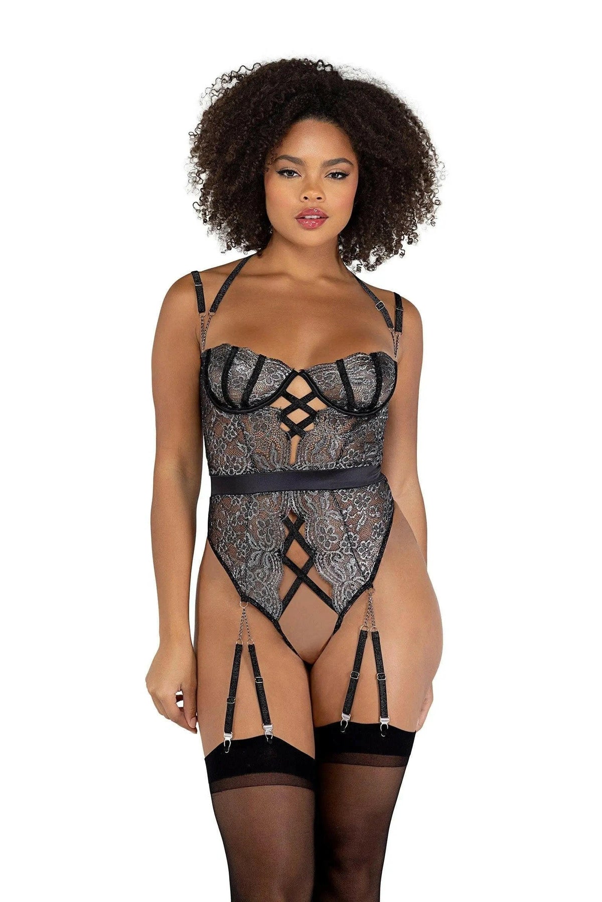 Sparkle Gartered Crotchless Teddy by Roma Confidential
