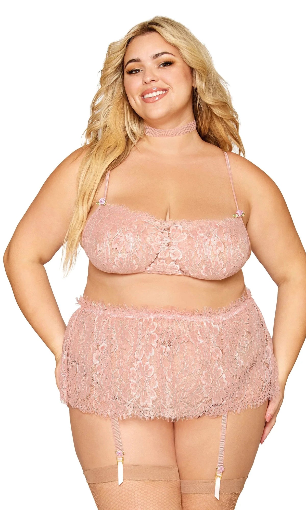 Eyelash Lace Bralette, Garter Skirt, & Choker Set with Satin Rosettes & Fishnet Elastic Trim by Dreamgirl