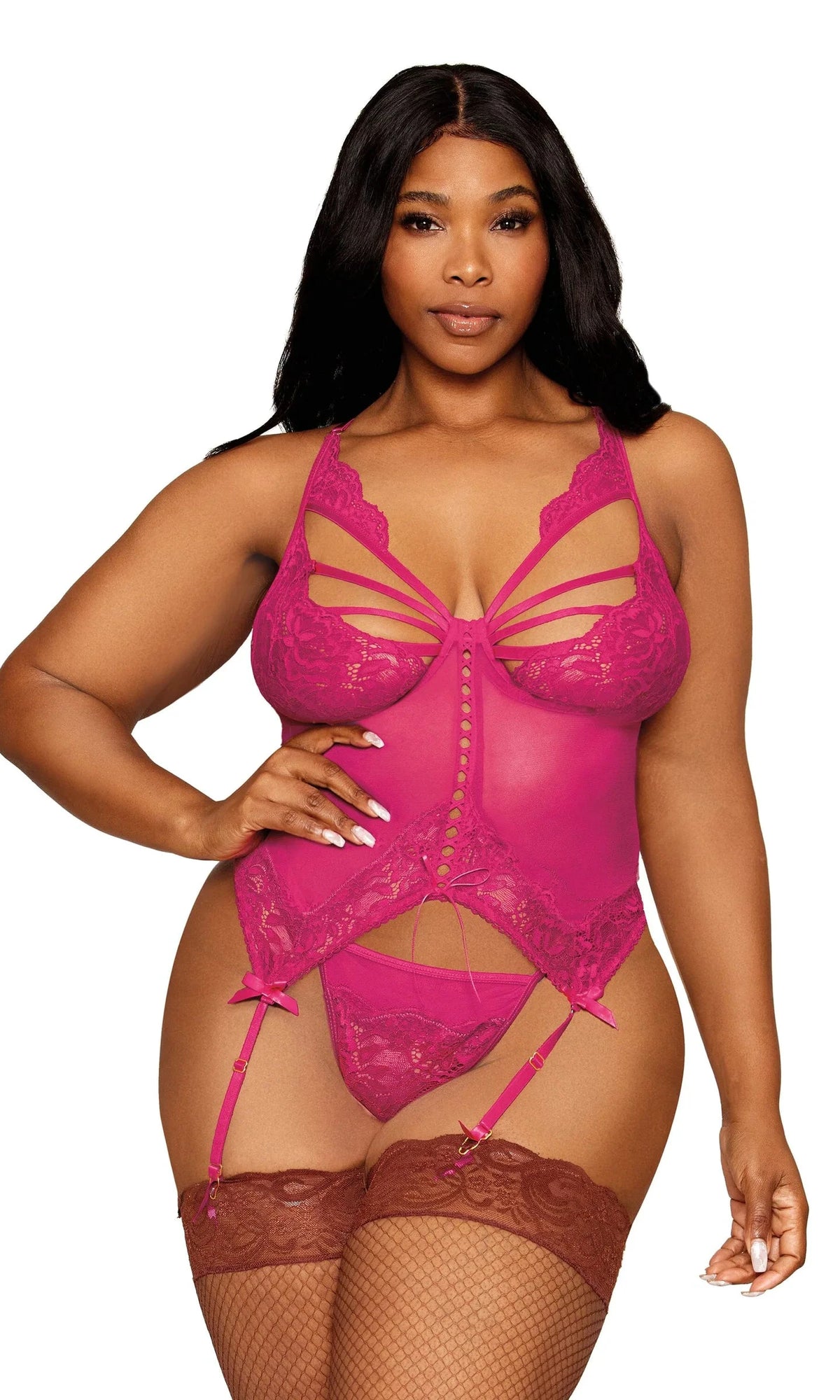 Floral Lace & Mesh Bustier & G-String Set by Dreamgirl