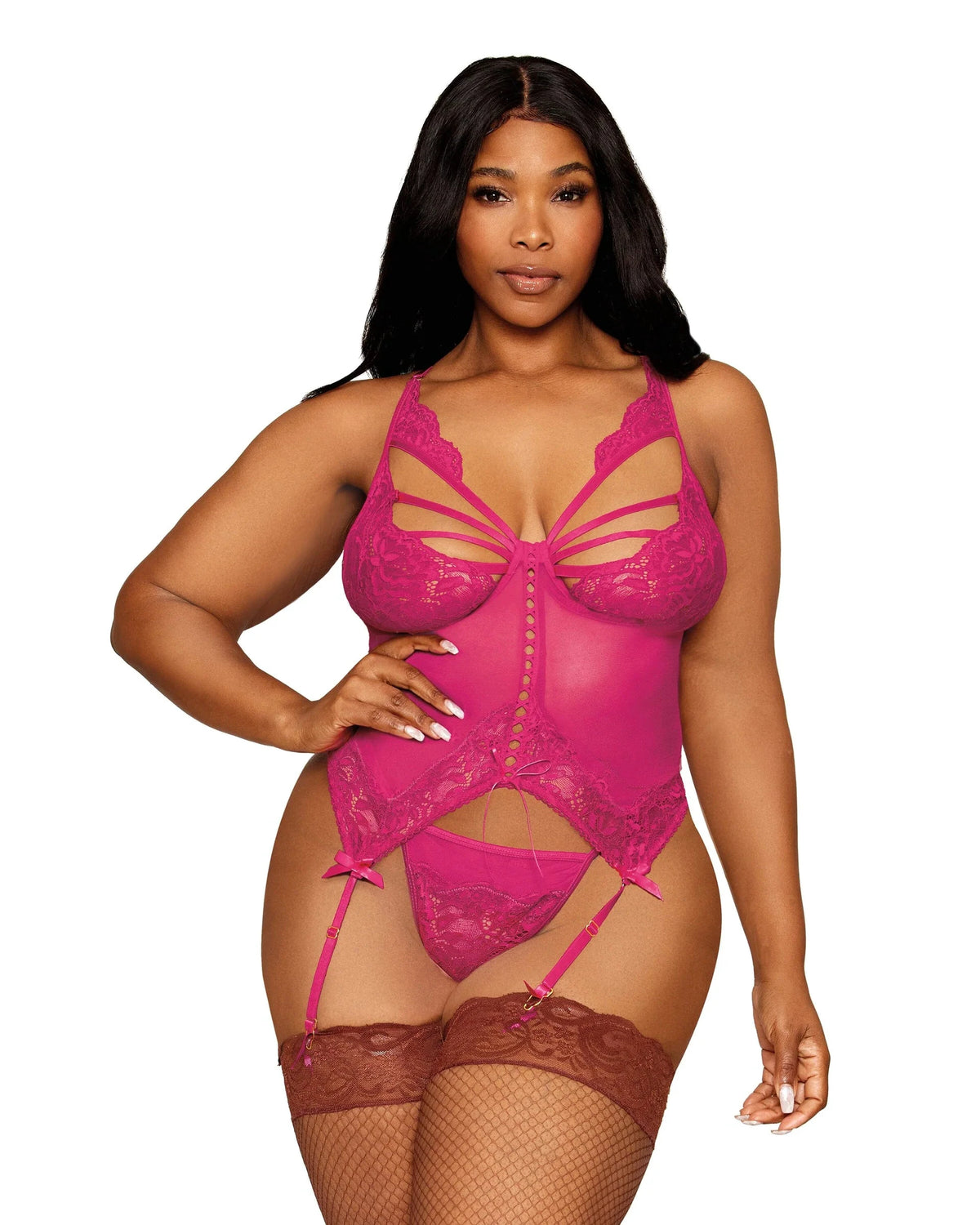 Floral Lace & Mesh Bustier & G-String Set by Dreamgirl