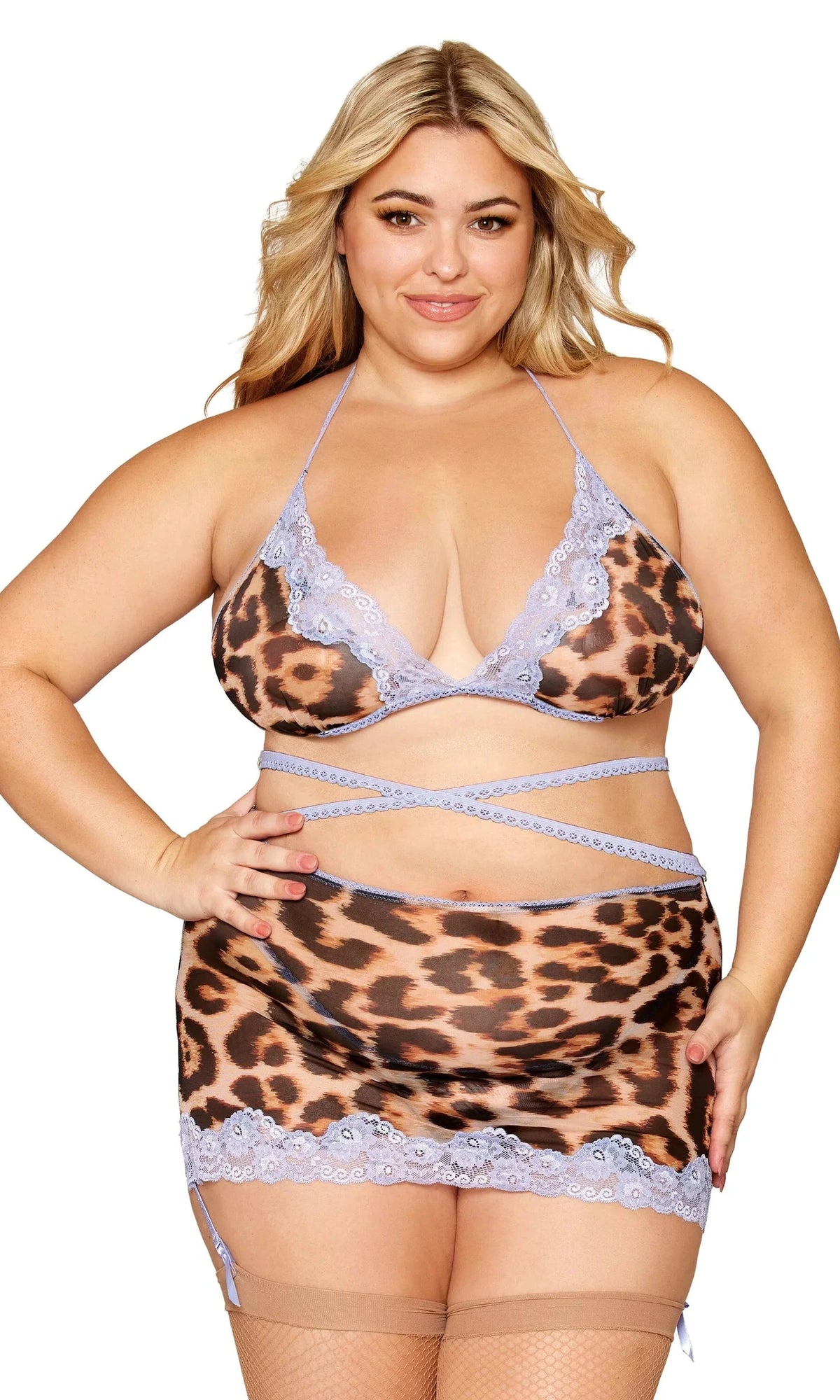 Leopard Printed Mesh with Contrast Scalloped Lace Bralette, Garter Skirt, & G-string Set by Dreamgirl