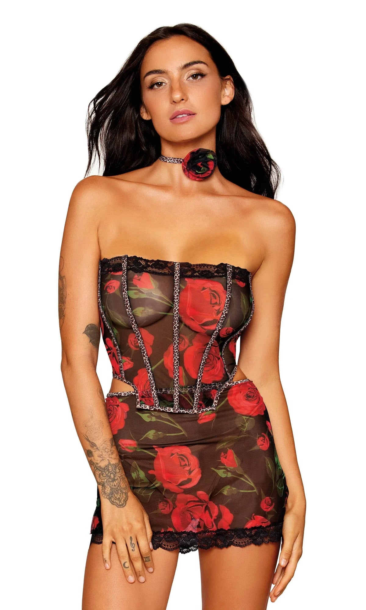Rose Printed Stretch Mesh Bustier, Mini Skirt Set with Rosette Choker Necklace by Dreamgirl