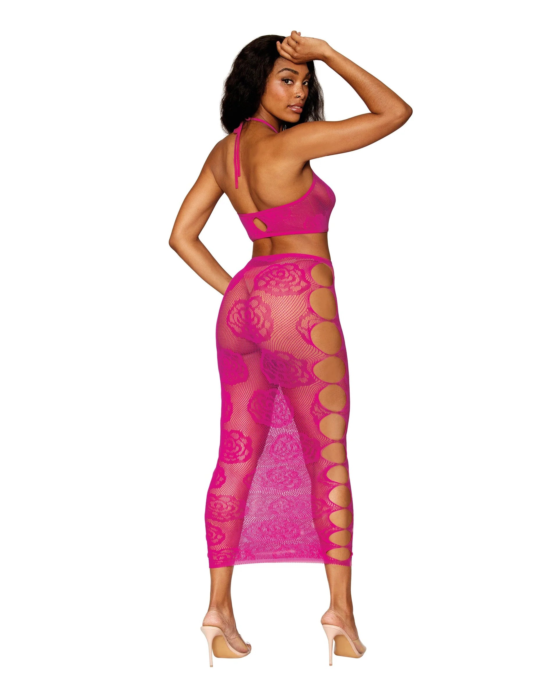 Seamless Bodystocking with Knitted Large Rose & Fishnet Pattern