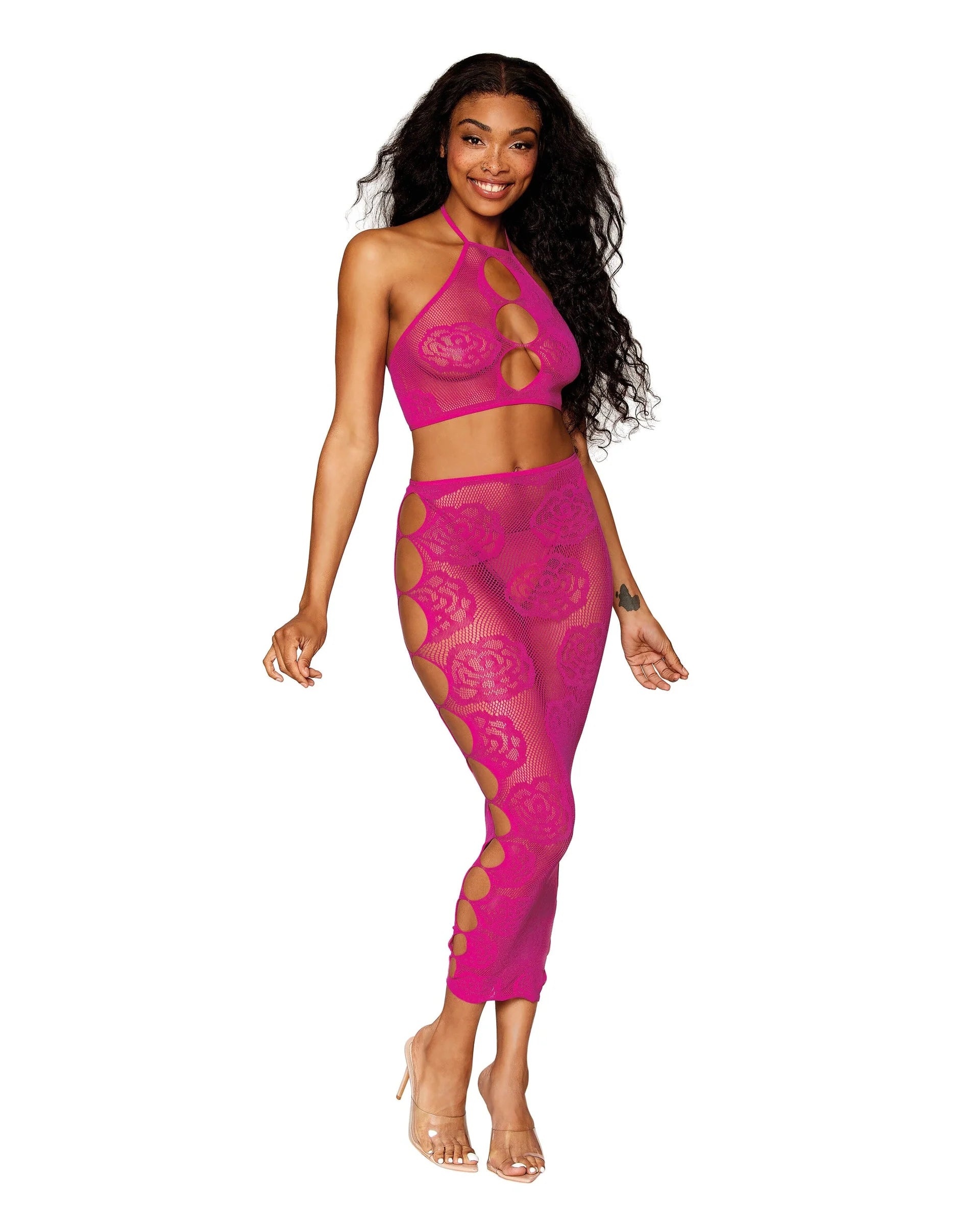 Seamless Bodystocking with Knitted Large Rose & Fishnet Pattern