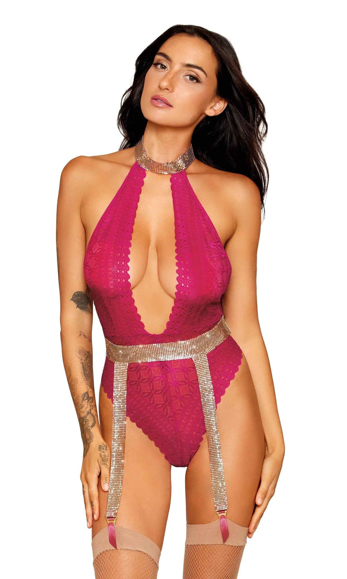 Stretch Lace Halter Teddy & Separate Chainmail Garter Belt by Dreamgirl