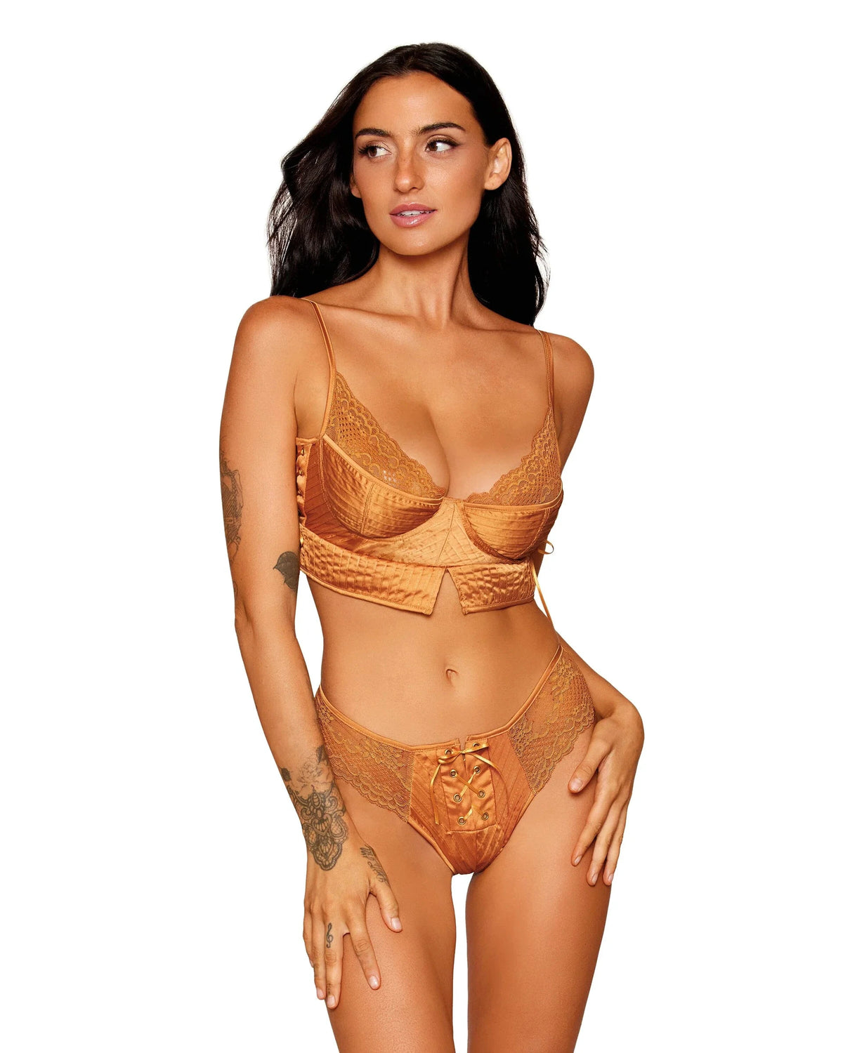 Stretch Satin Bra & G-String Set with Pintucking & Lace Details by Dreamgirl