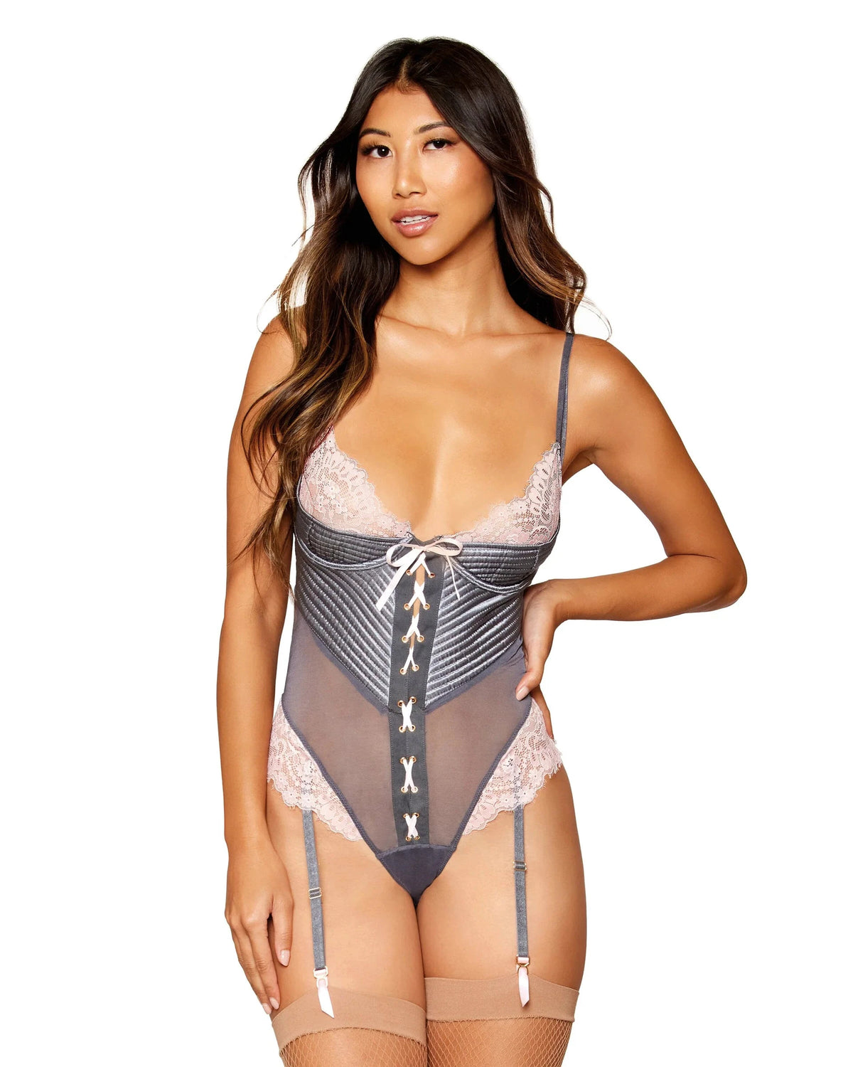 Stretch Satin, Mesh & Eyelash Lace Garter Teddy with Quilting Details by Dreamgirl