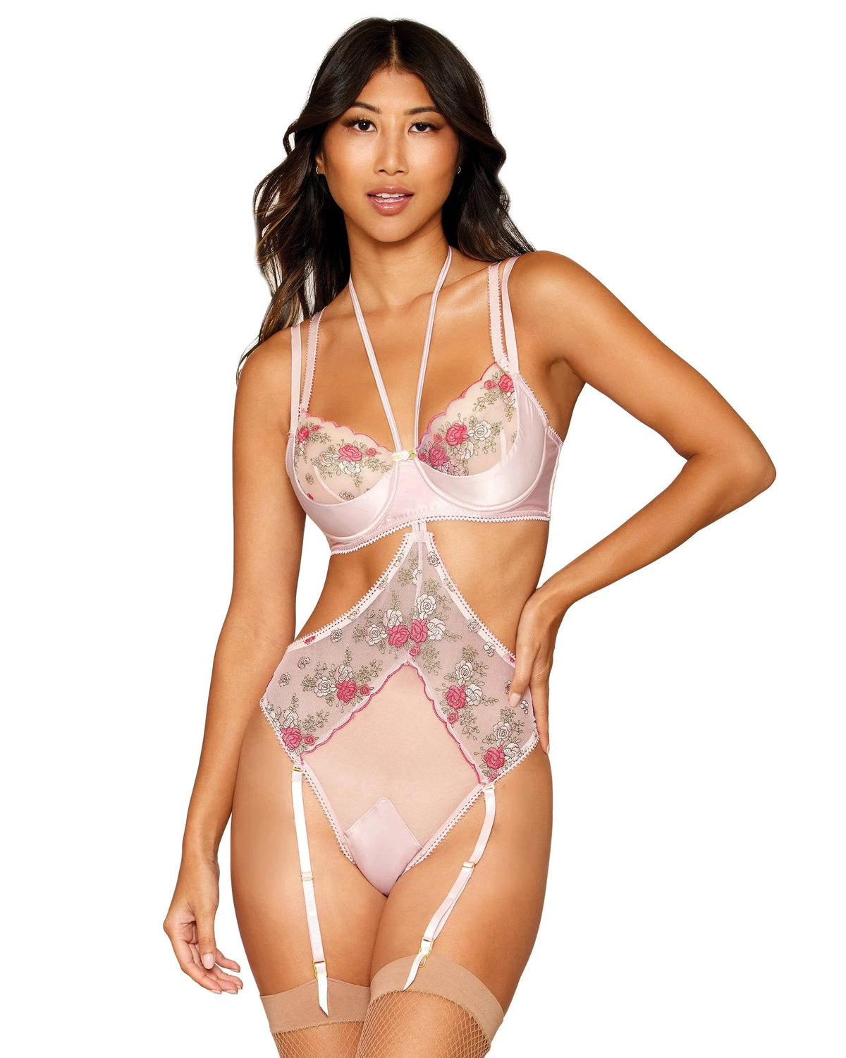 Vintage Rose Embroidery Bra & Open Cup Teddy Set by Dreamgirl