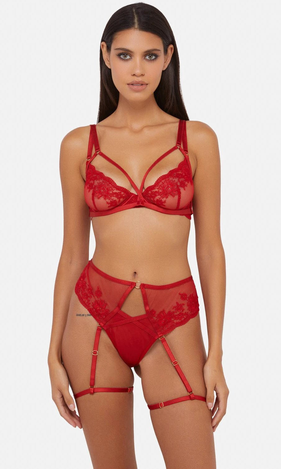 Sarina Red Embroidery High Waist Suspender Brief by Wolf & Whistle