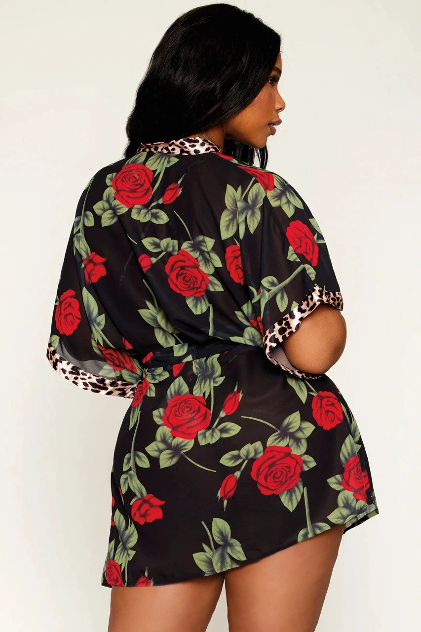 Rose Print Chiffon Robe with Leopard Print Satin Teddy Set by Dreamgirl