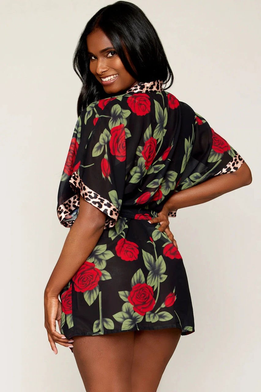 Rose Print Chiffon Robe with Leopard Print Satin Teddy Set by Dreamgirl