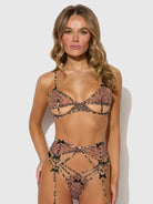 Alia Leopard Mesh Bra, Garter & Backless Panty Set by House of Desire
