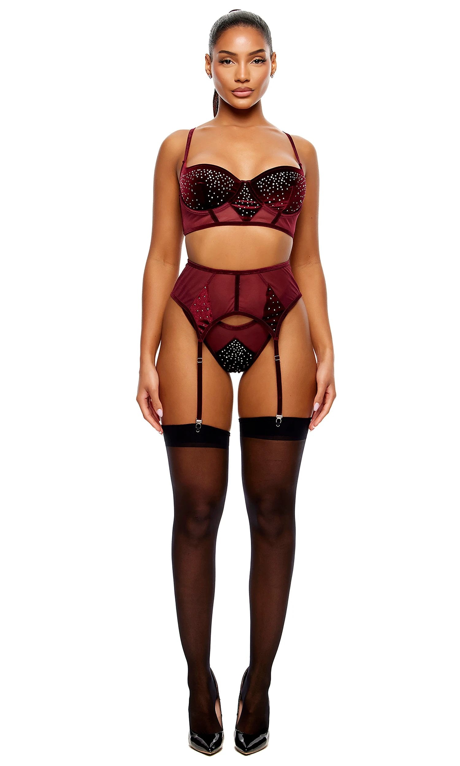 Caught Your Eye Velvet Rhinestone Longline Bra Set by Forplay