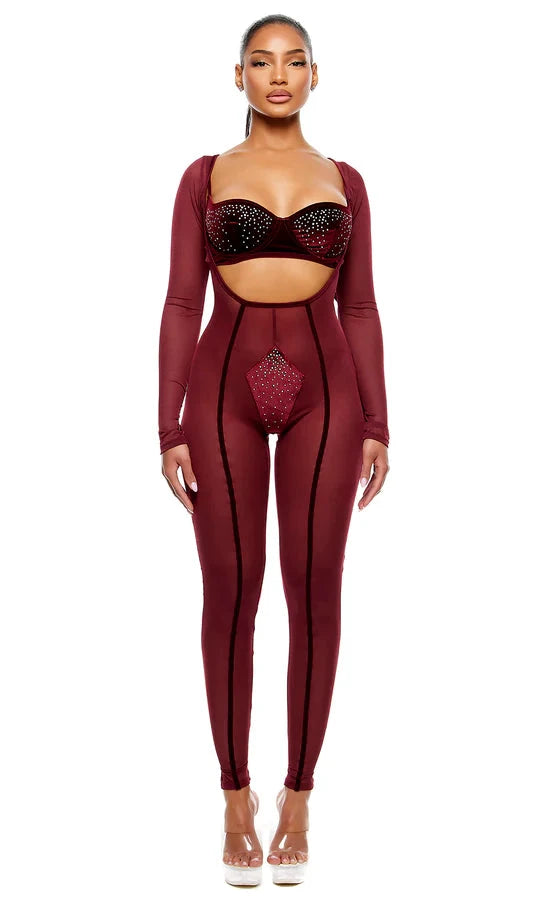 Caught Your Eye Velvet Rhinestone Jumpsuit Set by Forplay