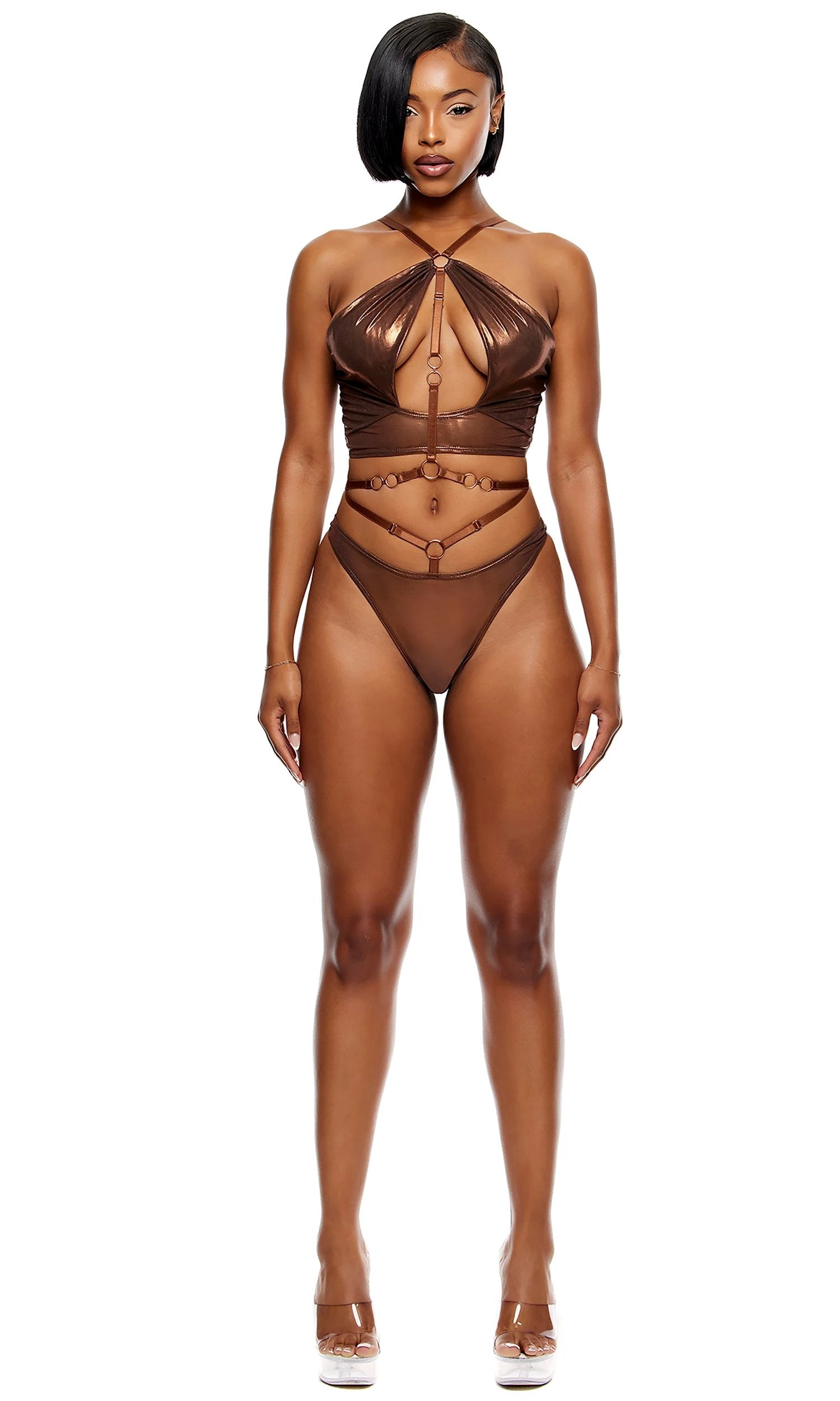 Liquid Metal Metallic Mesh Halterneck Bra Set by Forplay