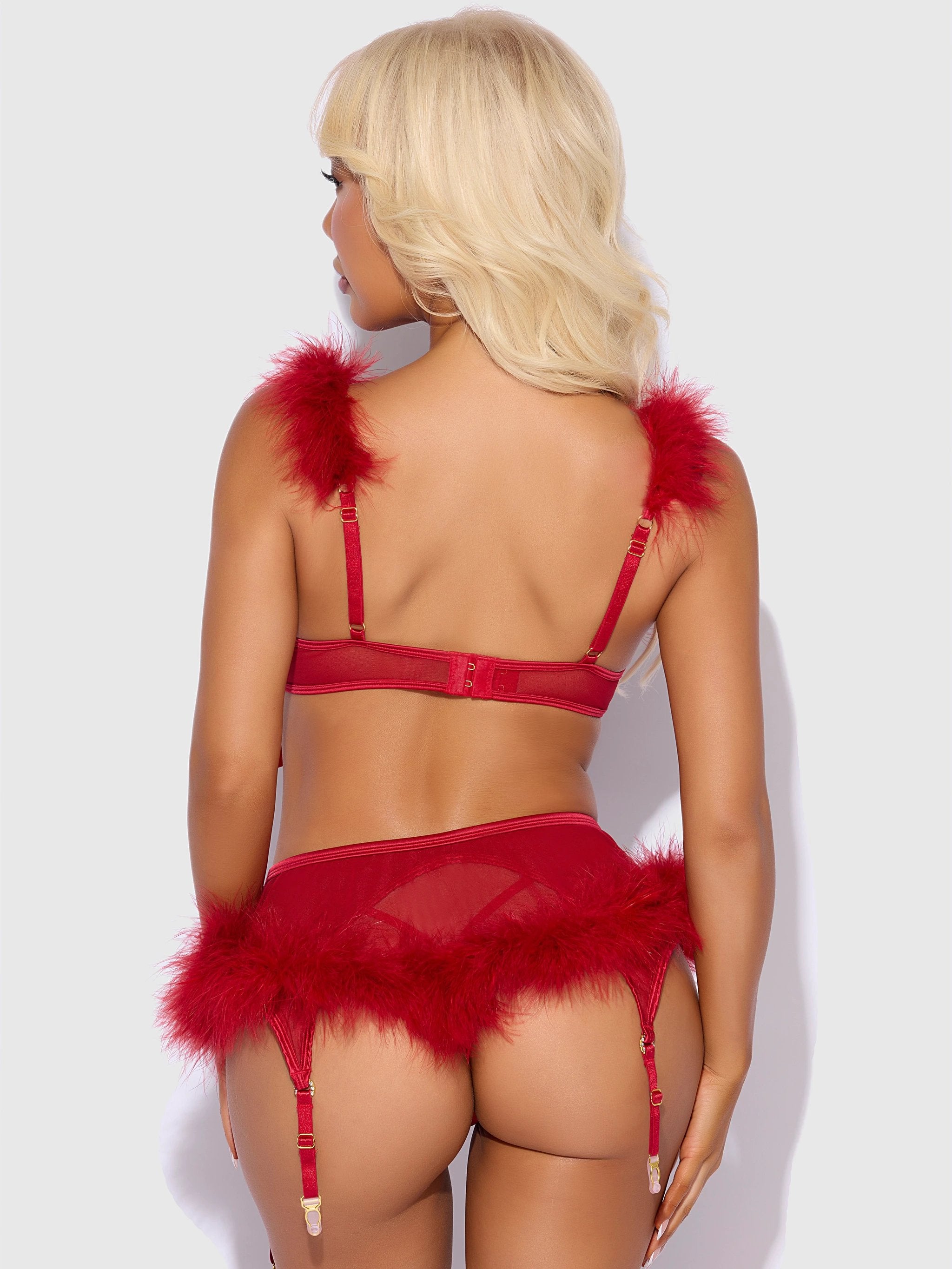 Marilyn Feather & Mesh Openable Bra, Garter & G-String Set by House of Desire