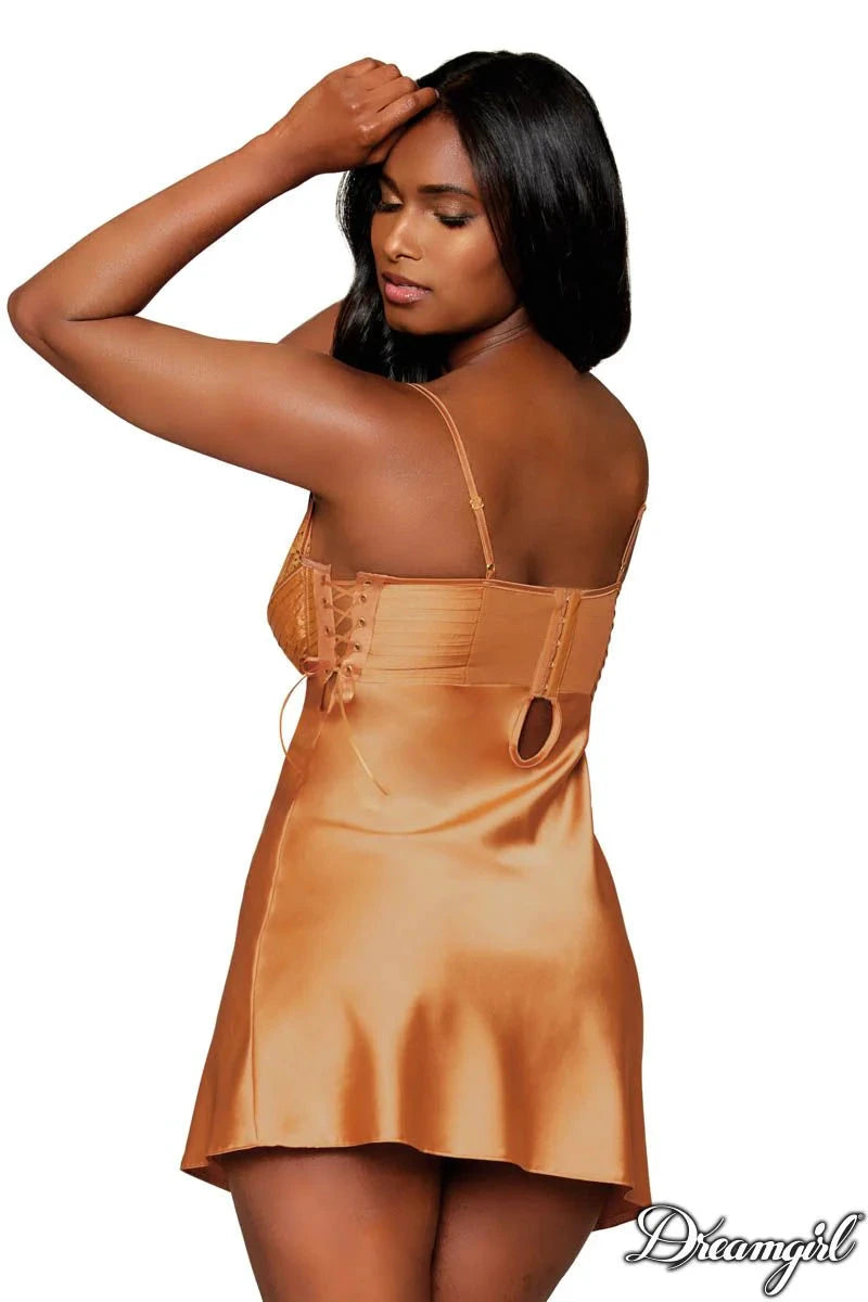 Stretch Satin Chemise with Pintucking & Lace Details by Dreamgirl