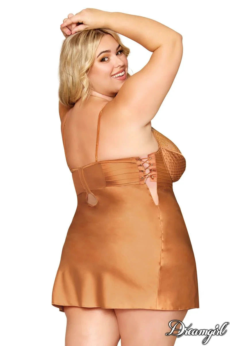Stretch Satin Chemise with Pintucking & Lace Details by Dreamgirl
