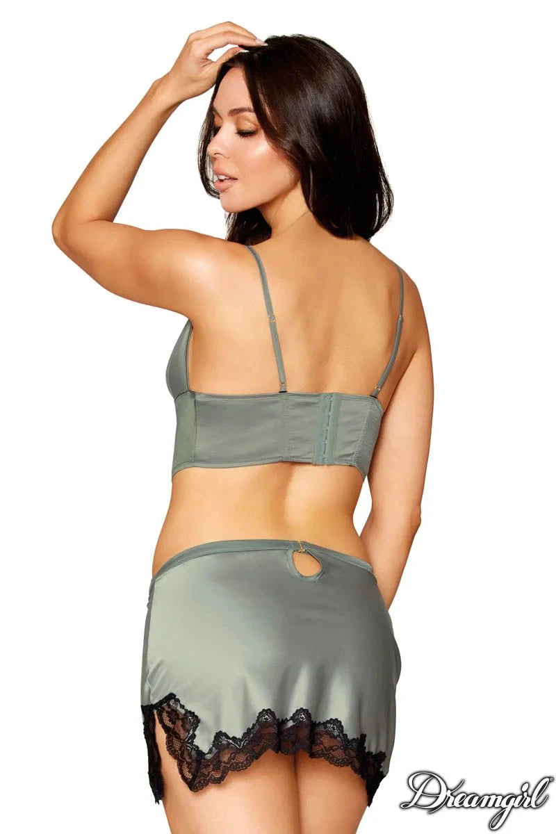 Stretch Satin Bustier & Mini Skirt Set with Stretch Lace Trim by Dreamgirl