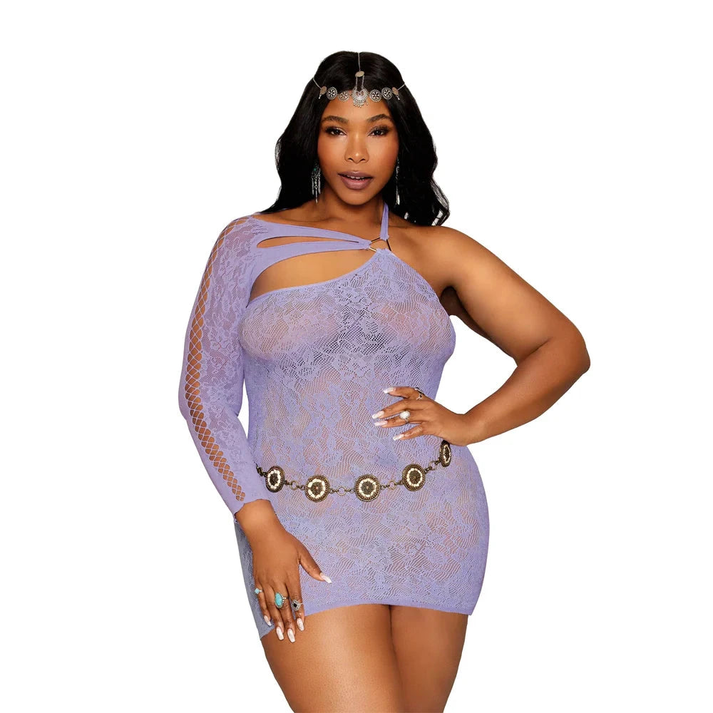 Seamless Asymmetrical Chemise with Lace Pattern & Knitted Crisscross Details by Dreamgirl