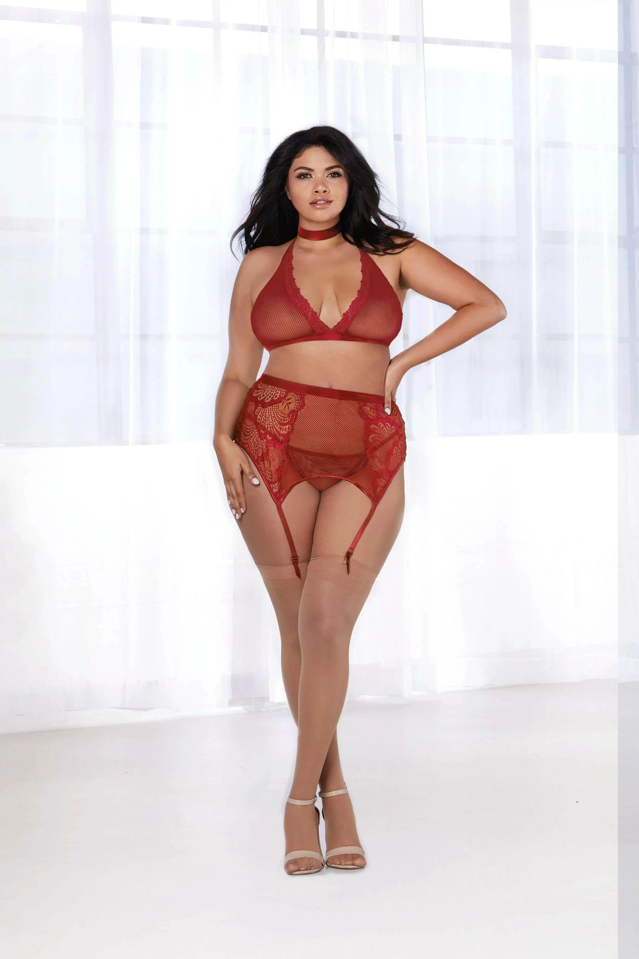 Fishnet & Lace Velvet 3 Piece Set by Dreamgirl