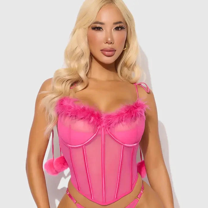 Marilyn Marabou & Mesh Tie Shoulder Bustier & G-String Set by House of Desire