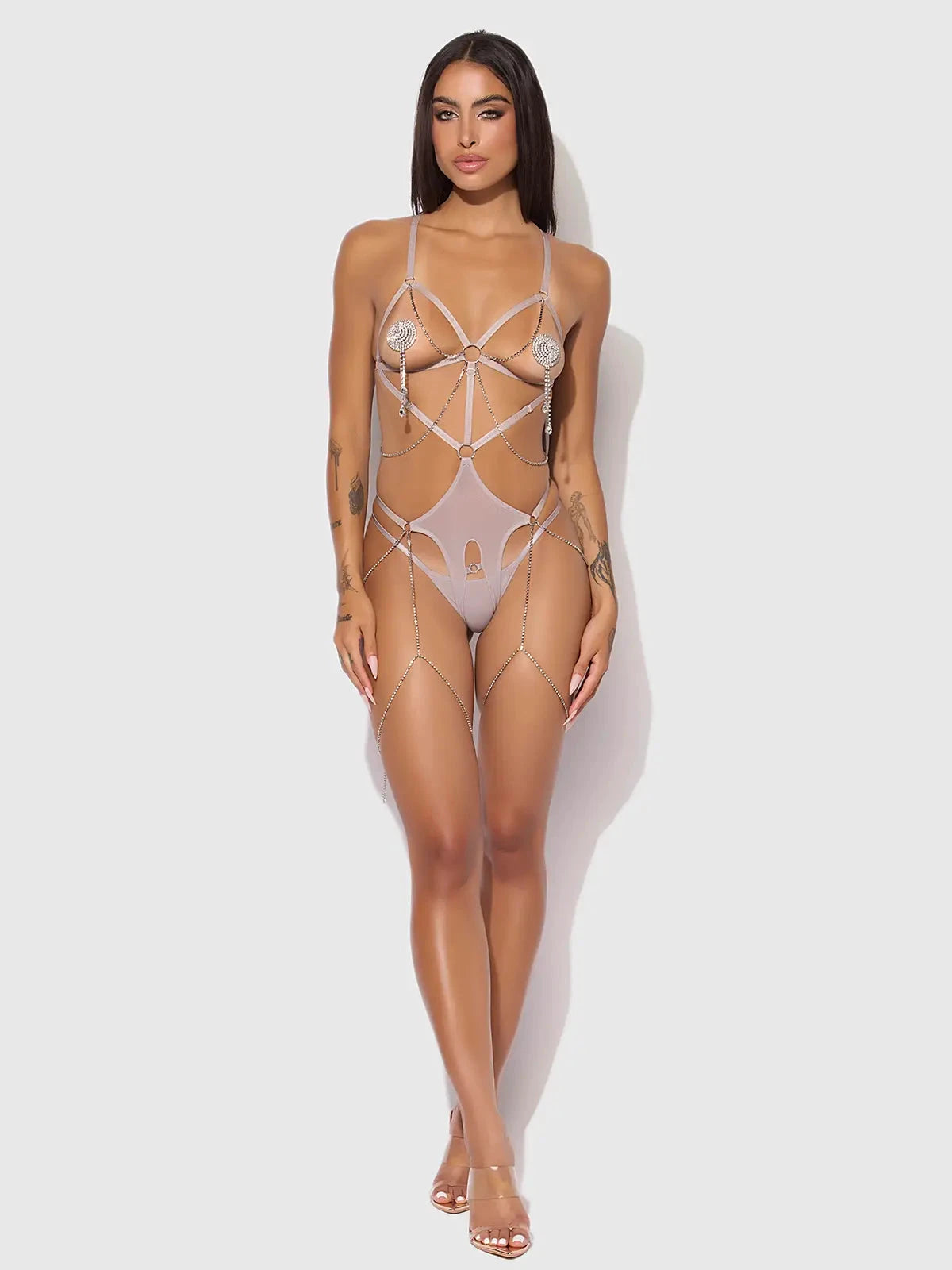 Presley Shine Mesh Open Cup & Crotchless Rhinestone Teddy by House of Desire