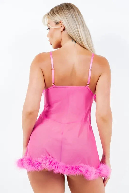 Fur Trimmed Mesh Babydoll by Just Sexy Lingerie