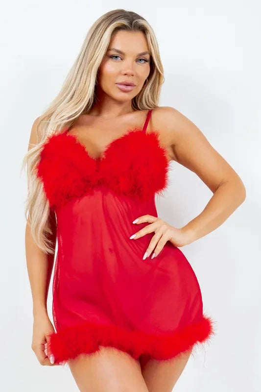 Fur Trimmed Mesh Babydoll by Just Sexy Lingerie