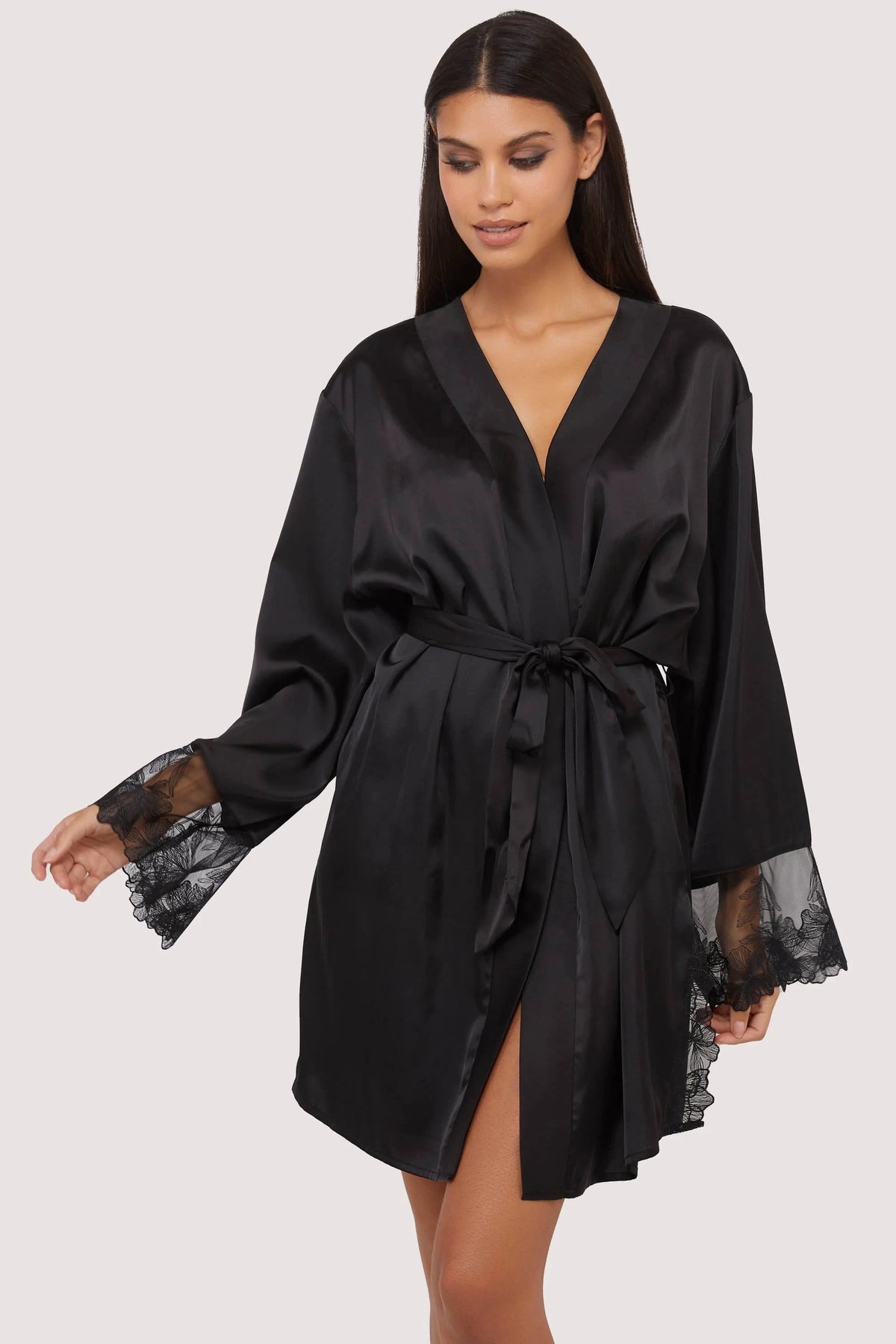 Eleanor Black Satin & Embroidery Robe by Playful Promises
