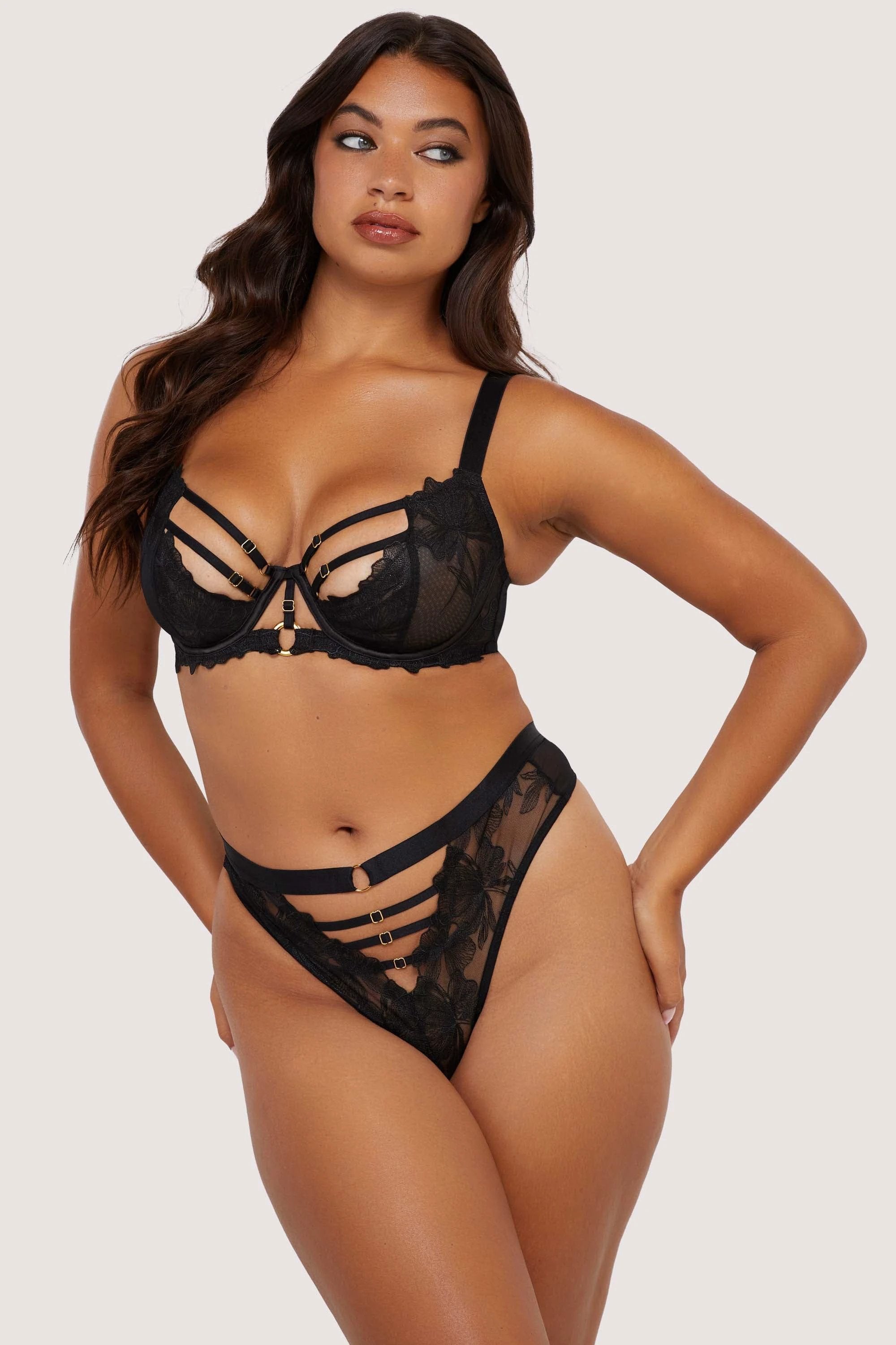 Eleanor Black Strappy Embroidery High Waist Thong by Playful Promises
