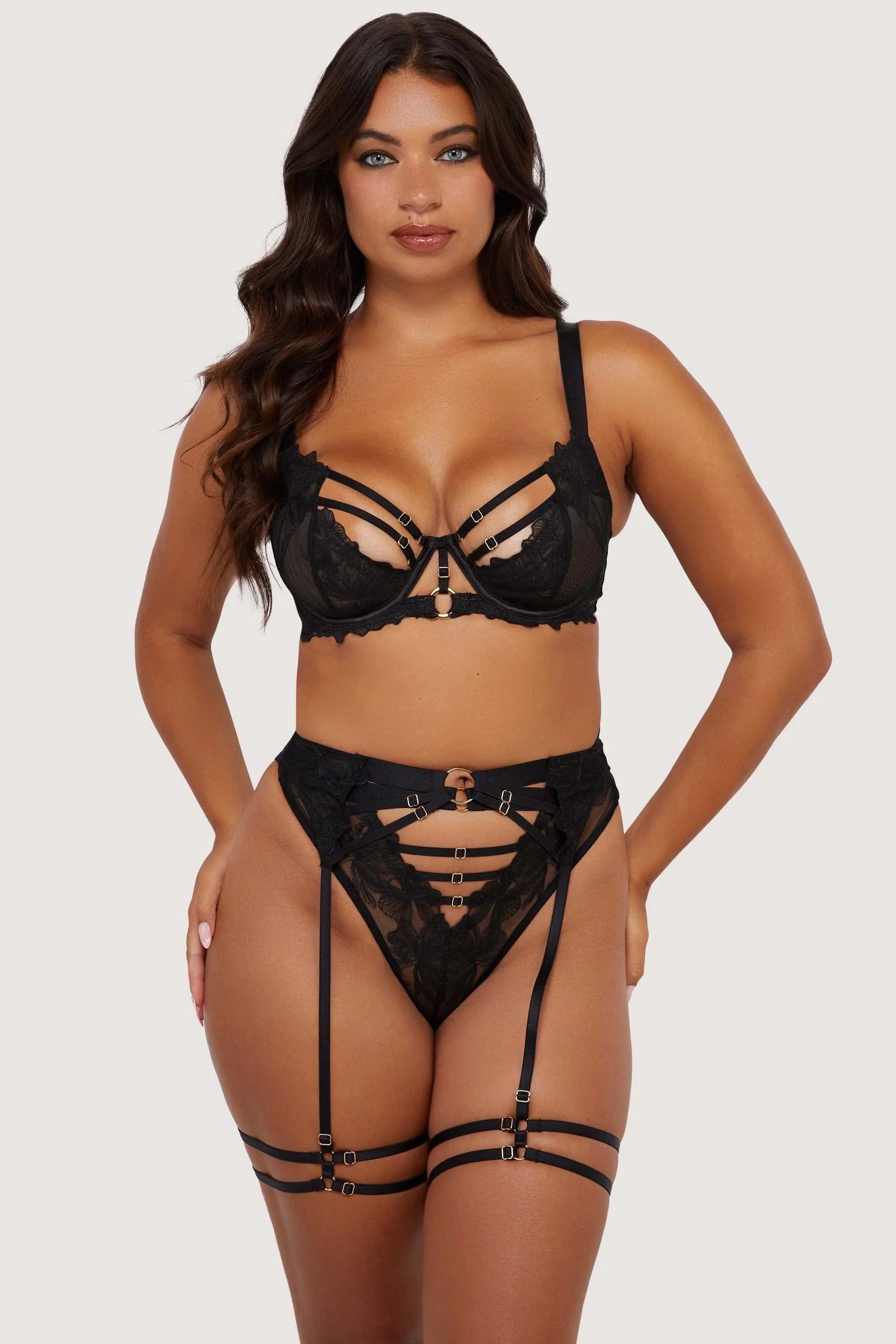 Eleanor Black Strappy Embroidery Thigh Harness by Playful Promises