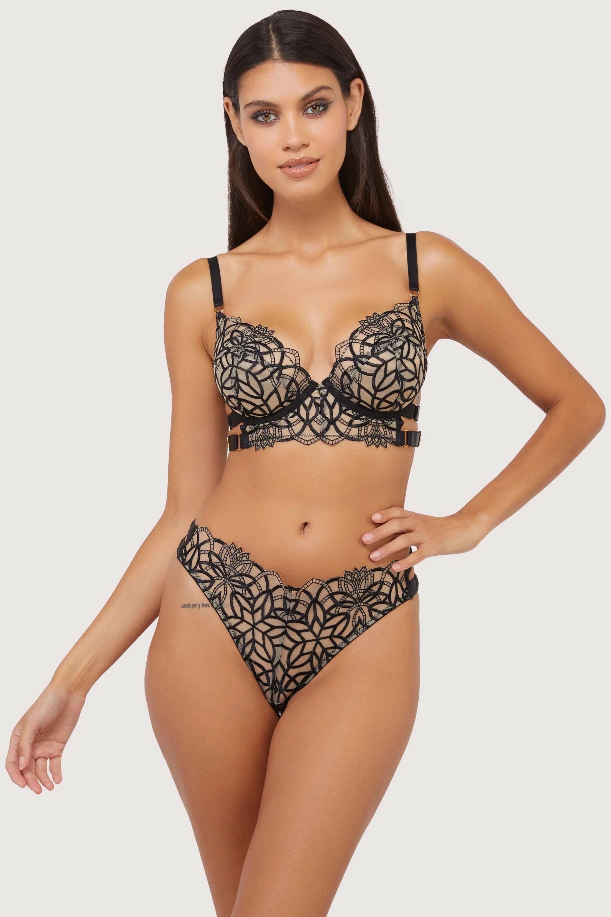 Aisha Black Optical Embroidery Ring Thong by Wolf & Whistle