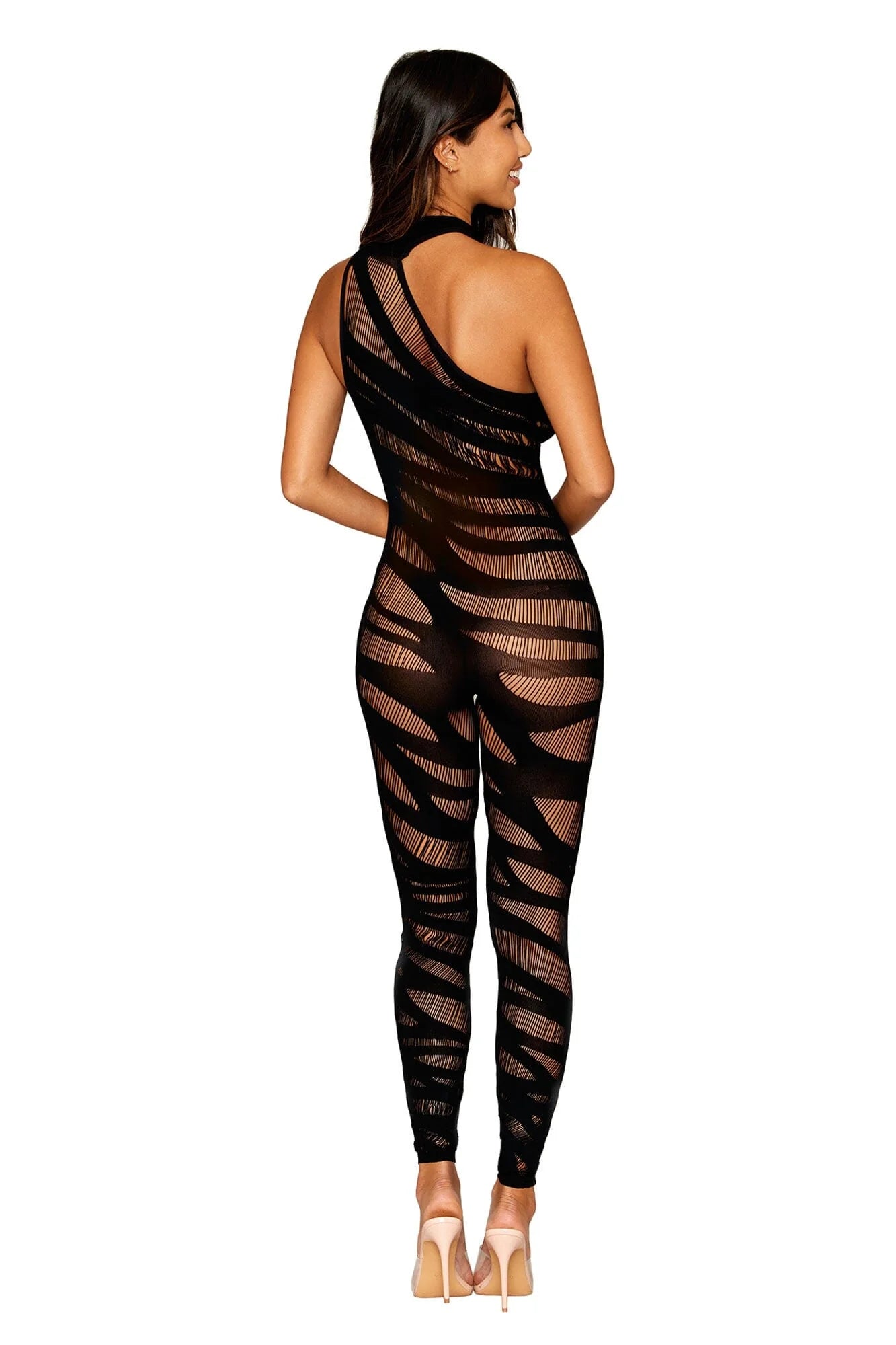 Asymmetrical Opaque Knitted Bodystocking with All-Over Slash Design Detail