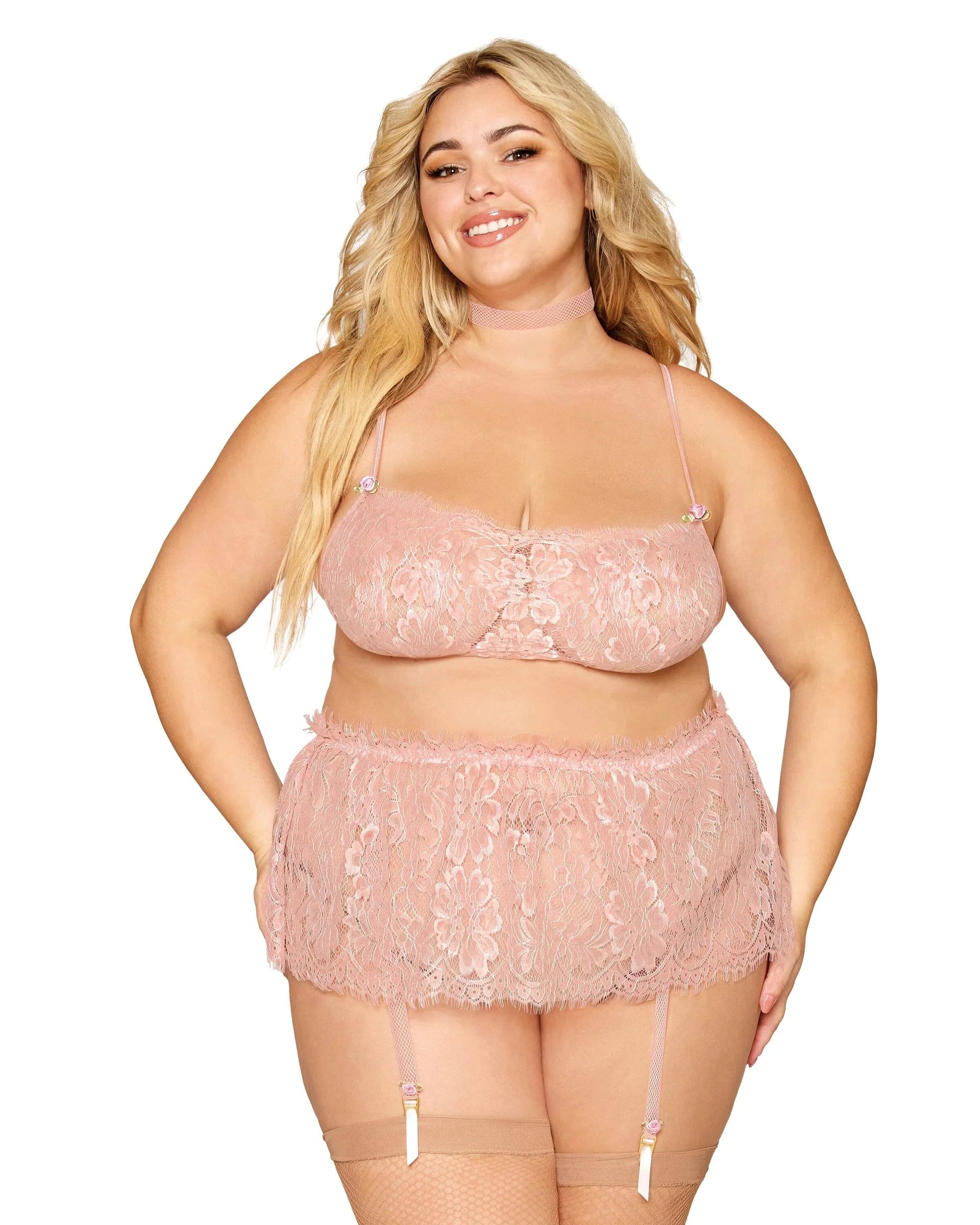 Eyelash Lace Bralette, Garter Skirt, & Choker Set with Satin Rosettes & Fishnet Elastic Trim by Dreamgirl