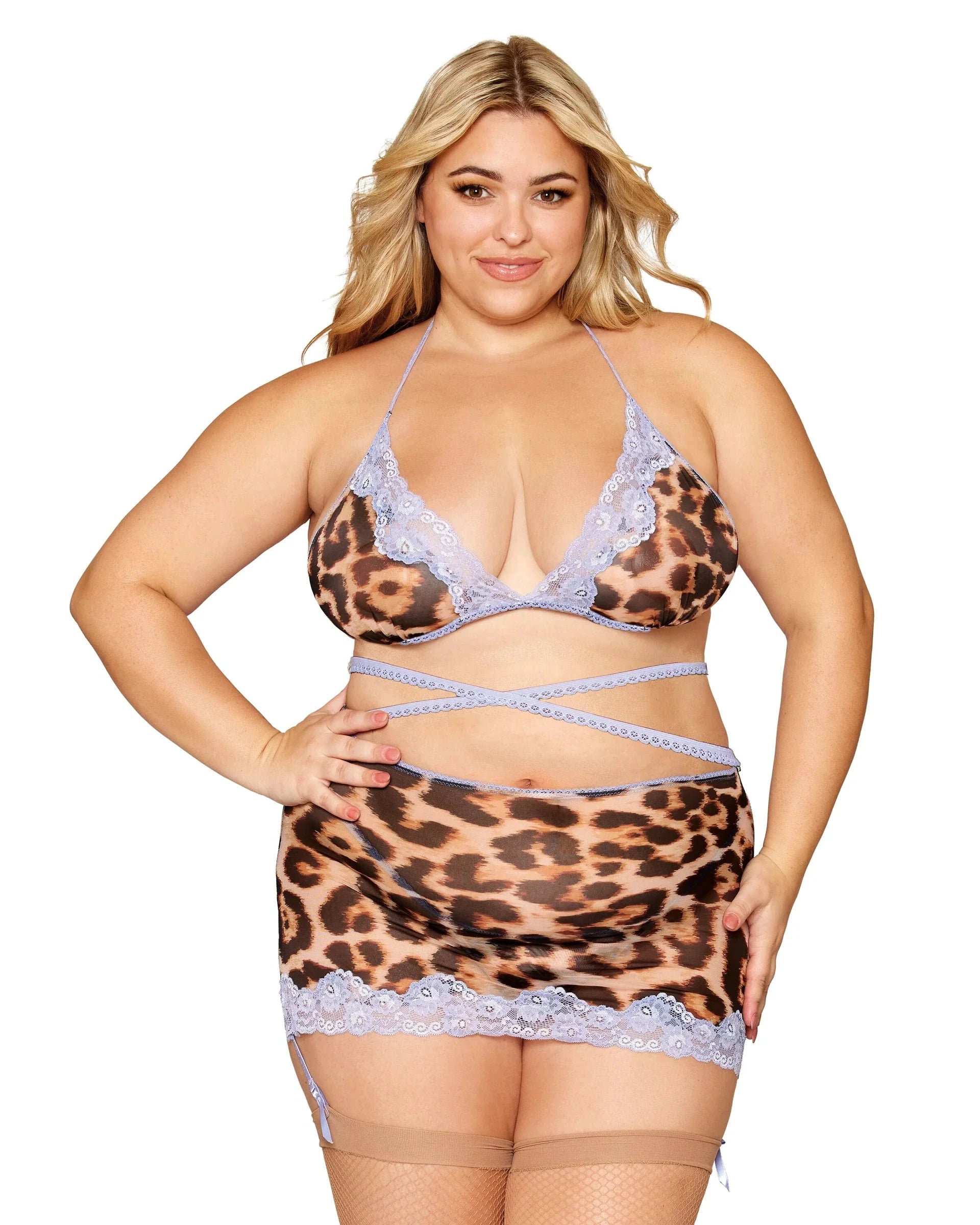 Leopard Printed Mesh with Contrast Scalloped Lace Bralette, Garter Skirt, & G-string Set by Dreamgirl