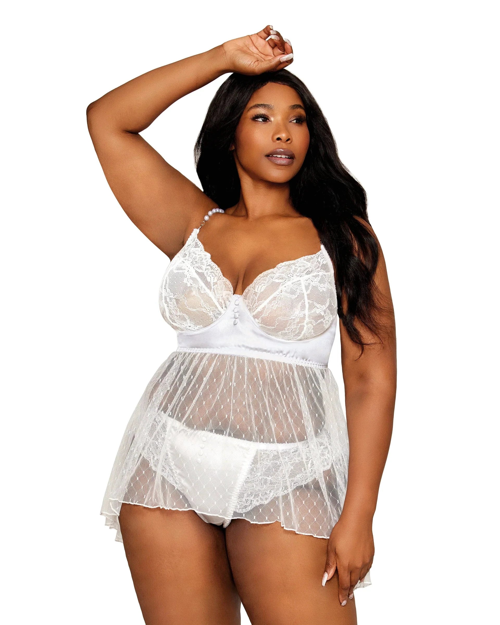 Satin, Stretch Lace & Diamond Mesh Babydoll & Panty Set by Dreamgirl