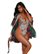 Rose Print Chiffon Robe with Leopard Print Satin Teddy Set by Dreamgirl