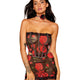 Rose Printed Stretch Mesh Bustier, Mini Skirt Set with Rosette Choker Necklace by Dreamgirl